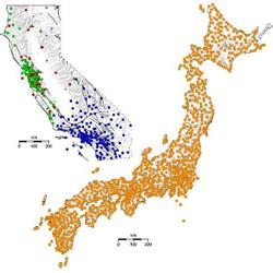 graphic showing Earthquake sensor density: California versus Japan