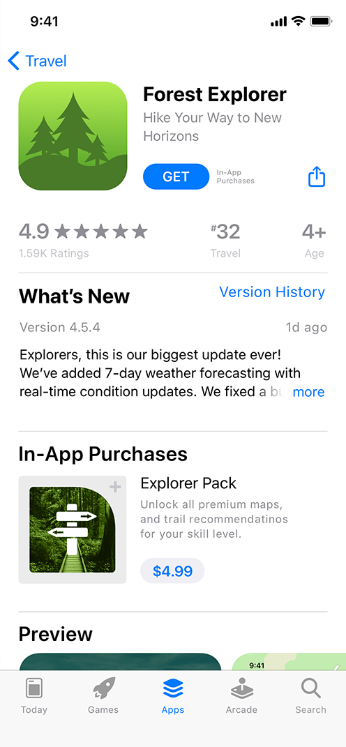 iPhone showing an example of an In-App Purchases opportunity on the App Store product page