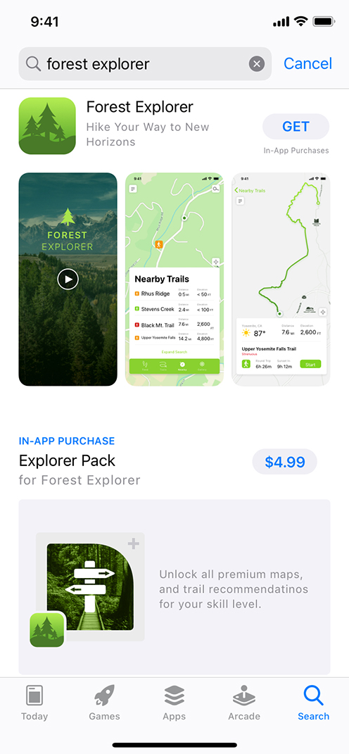 iPhone showing an example of an In-App Purchases opportunity on the App Store search results page