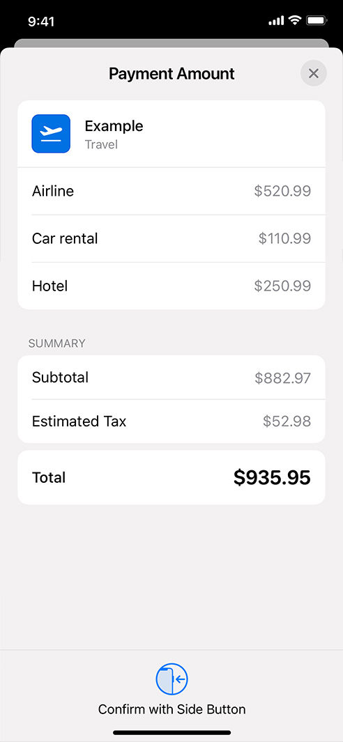 レンタカー、ホテル、その他の旅費の一括払いの例が表示されているiPhone