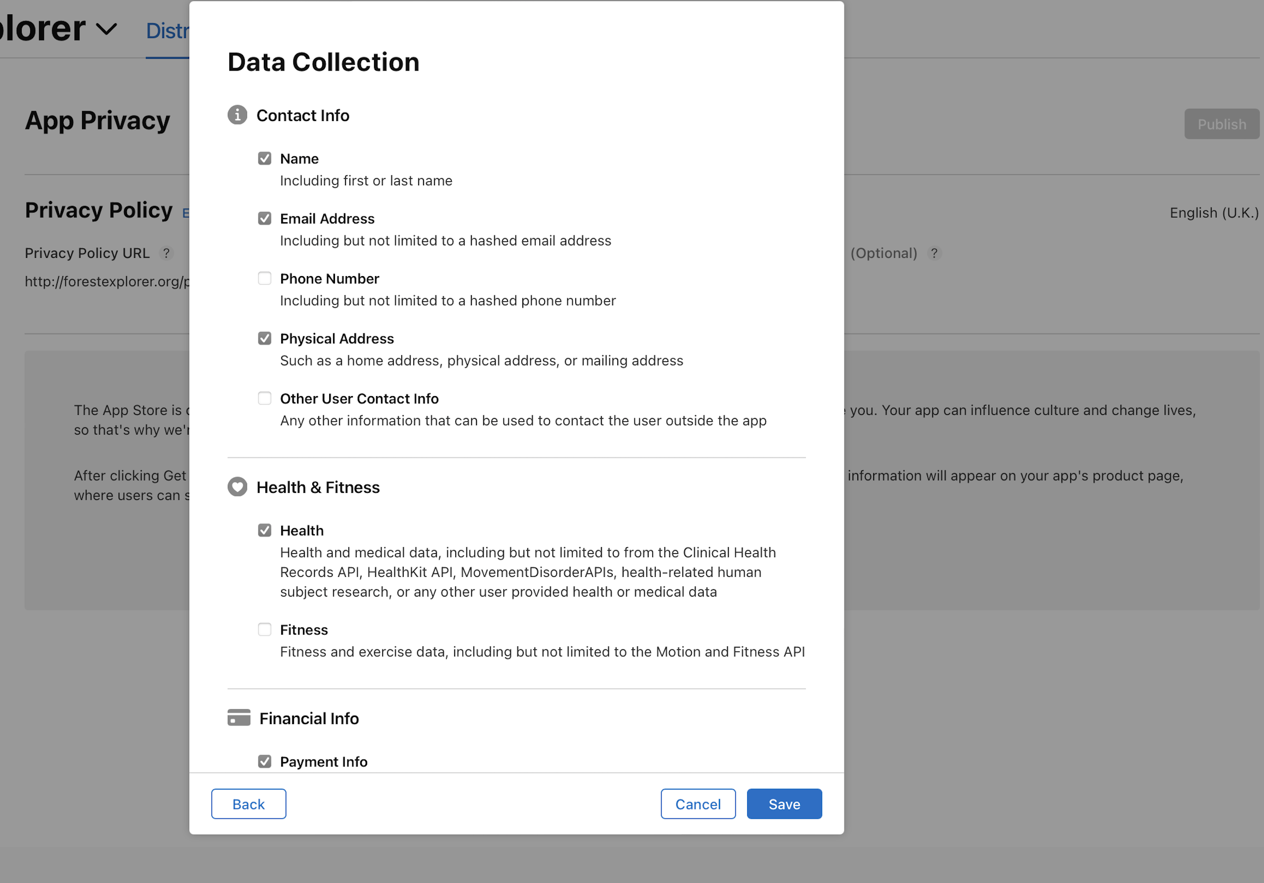 「アプリのプライバシー」ページの「データ収集」ダイアログ。