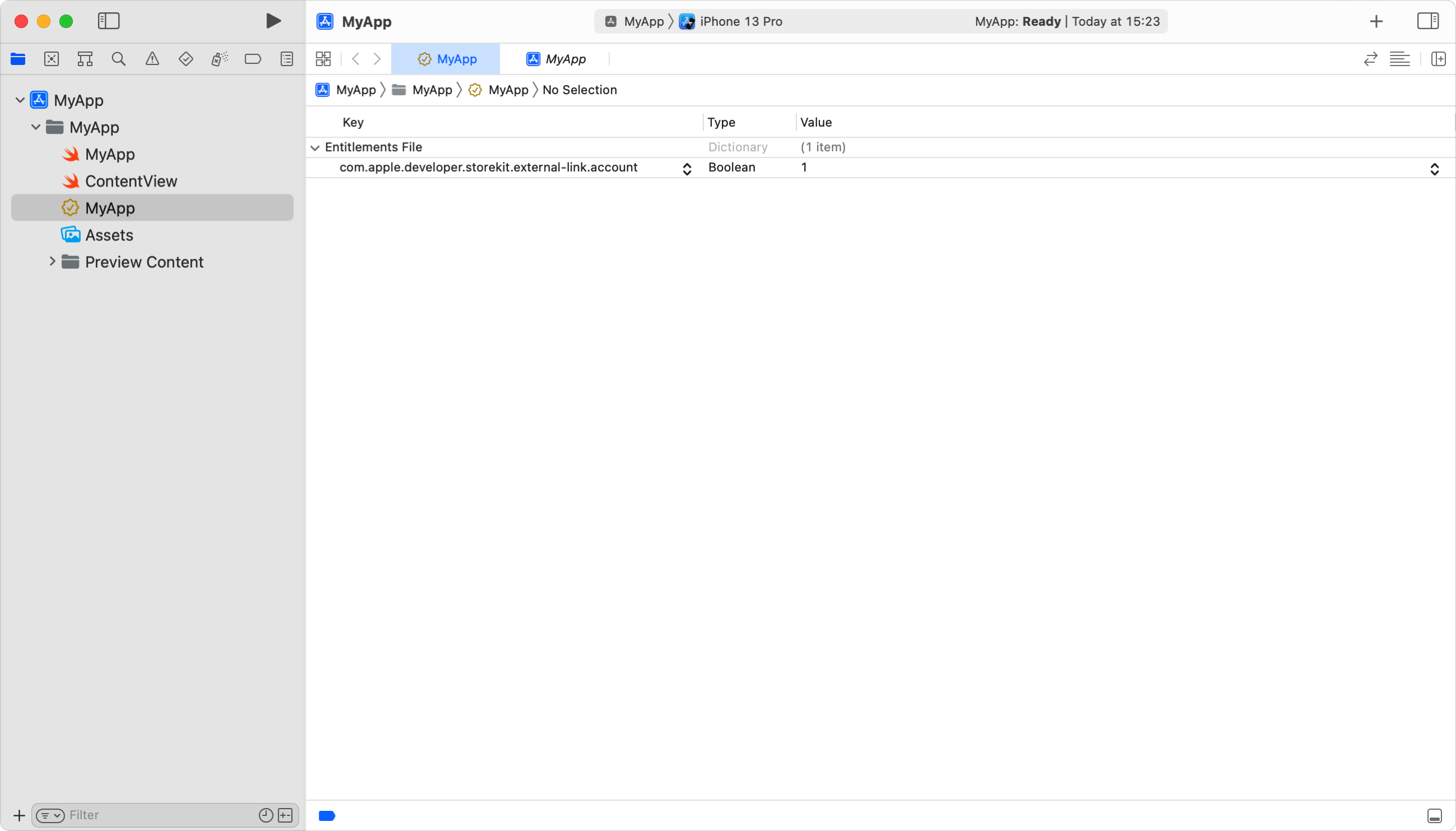 Captura de pantalla de la habilitación del derecho en Xcode