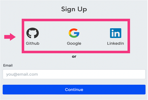 Sign up Selector showing Github, Google, LinkedIn, and email logos.