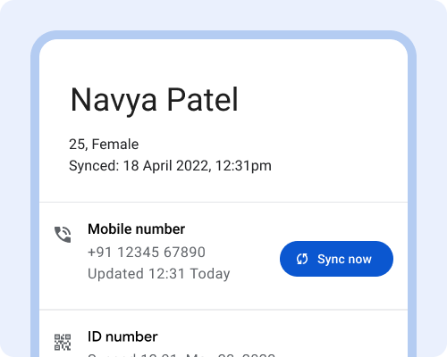Sync now button displayed next to mobile number on patient card.
