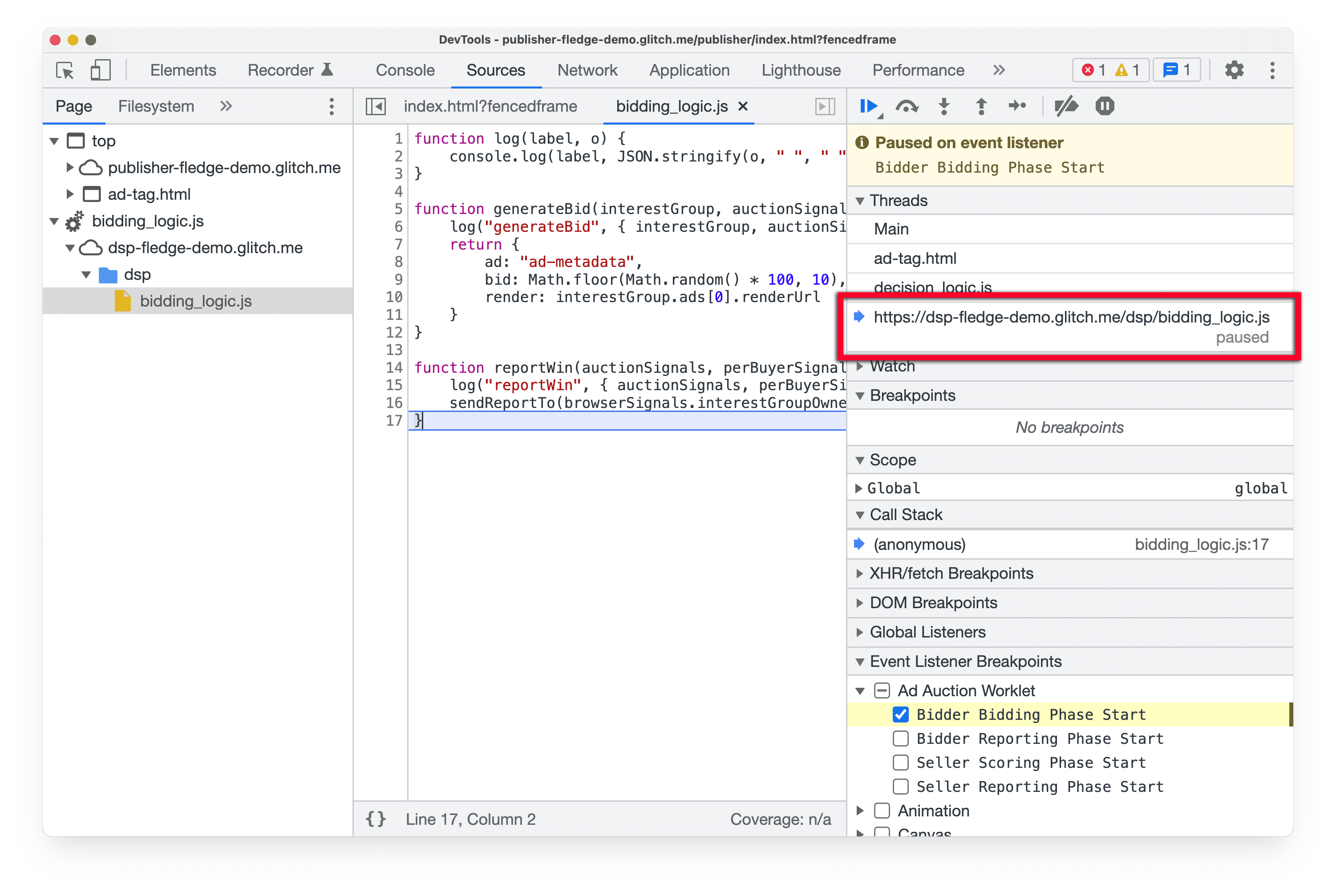 Screenshot of DevTools in Chrome Canary, highlighting the Threads pane in the Sources panel, showing the current worklet script that has been paused.