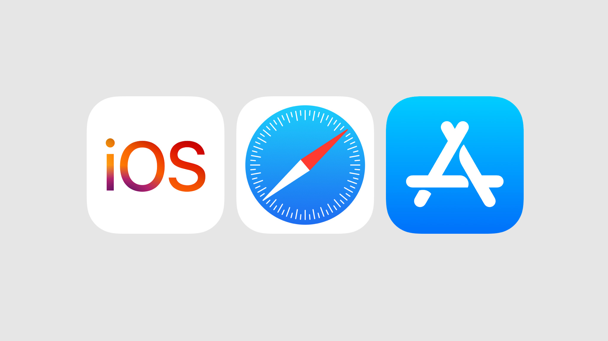 浅灰色背景衬托下的 iOS、Safari 浏览器和 App Store 图标。