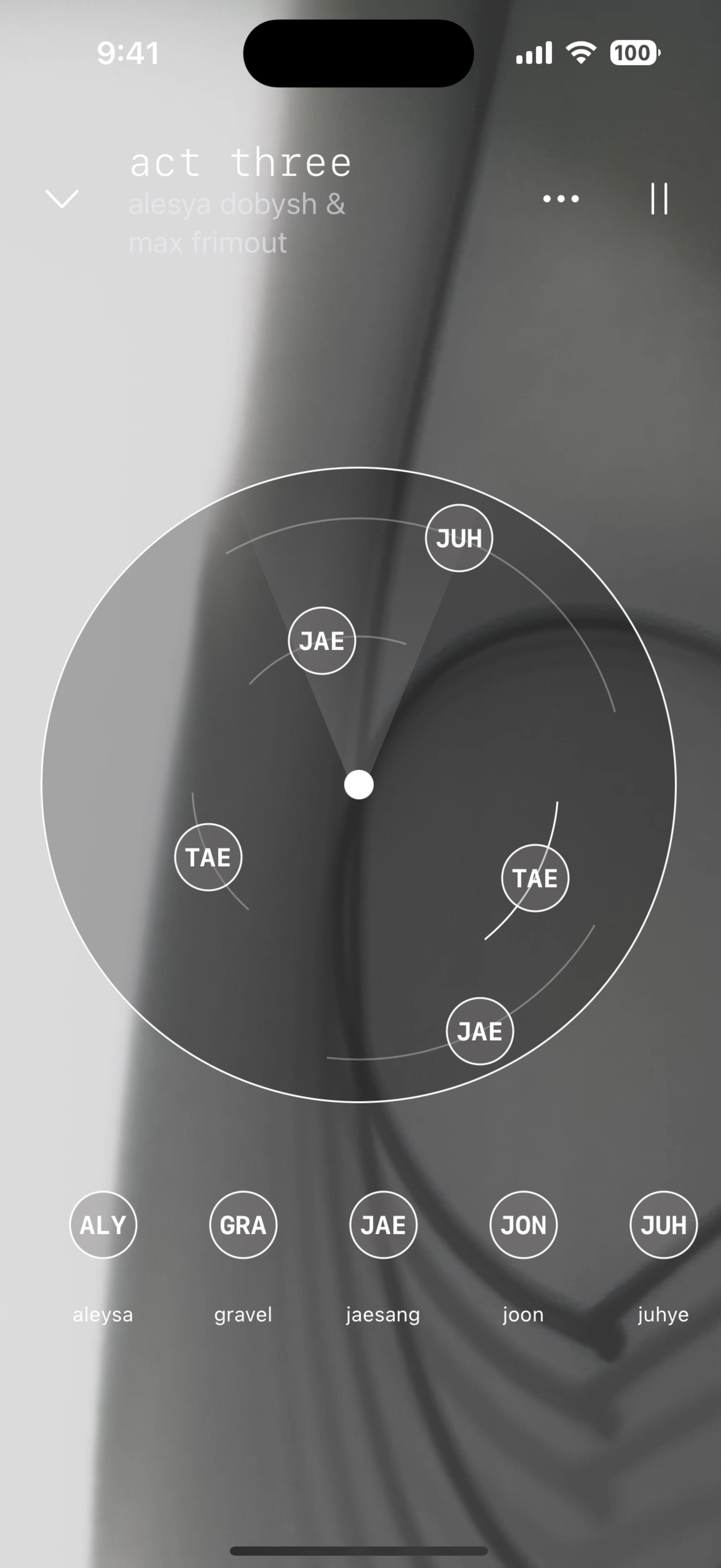 A gray-tinted screenshot of the app *Odio*, showing the circular controls that let you move individual sounds around your head in 360 degrees. 