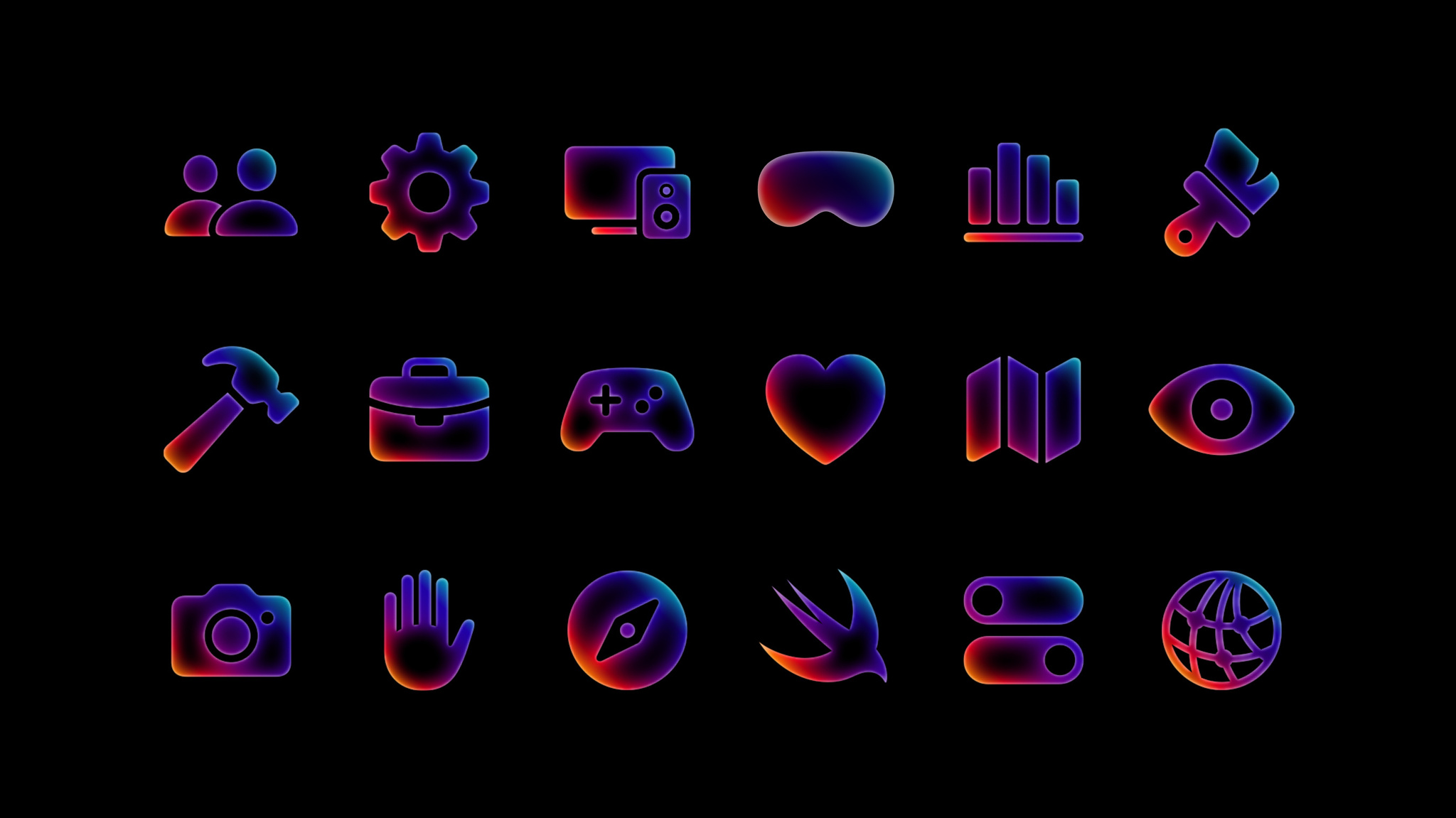 代表开发主题的彩虹色图标在黑色背景上排列成三行