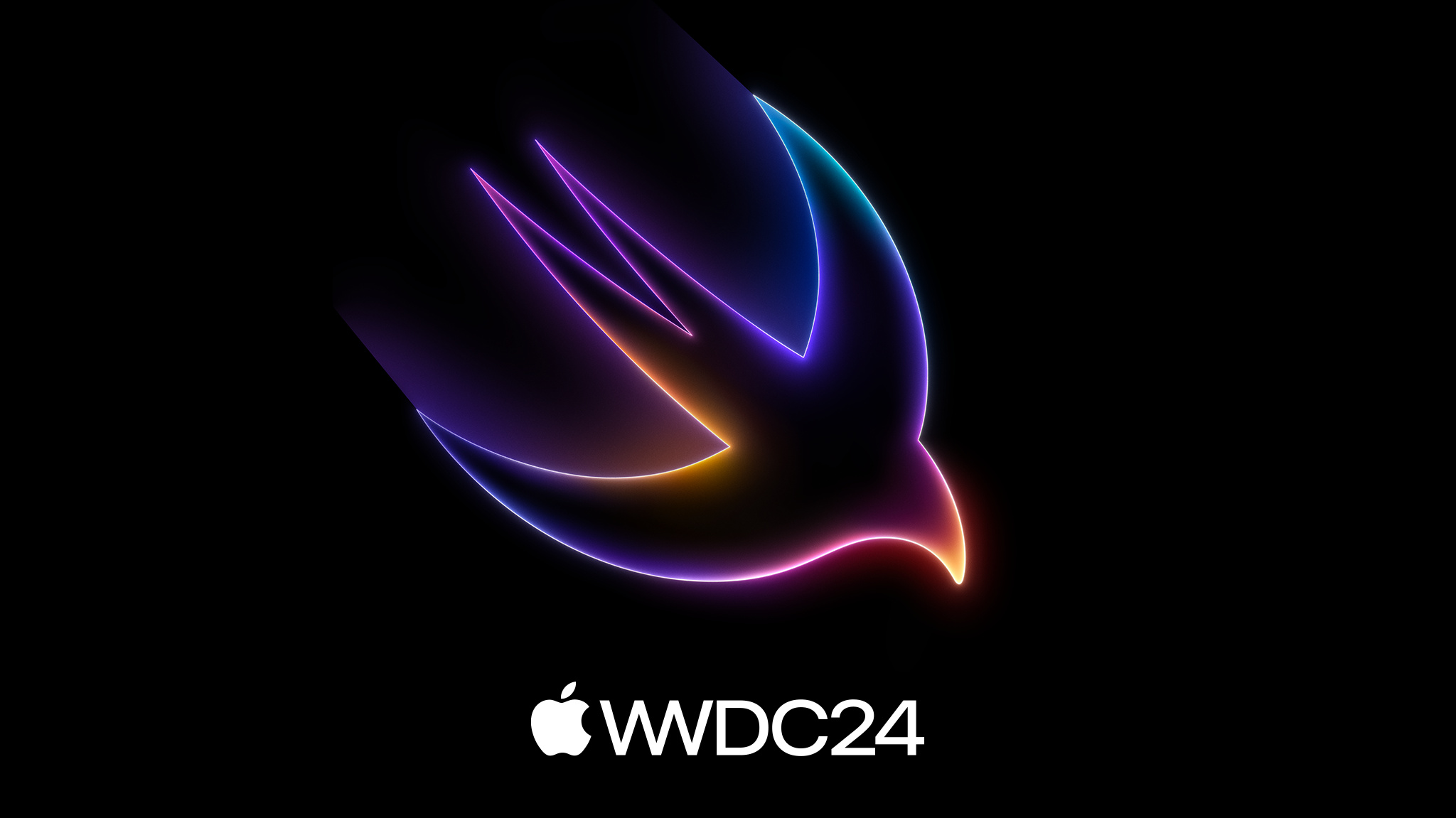 “WWDC24”一词以红色、紫色和蓝色的发光渐变显示在黑色背景上。