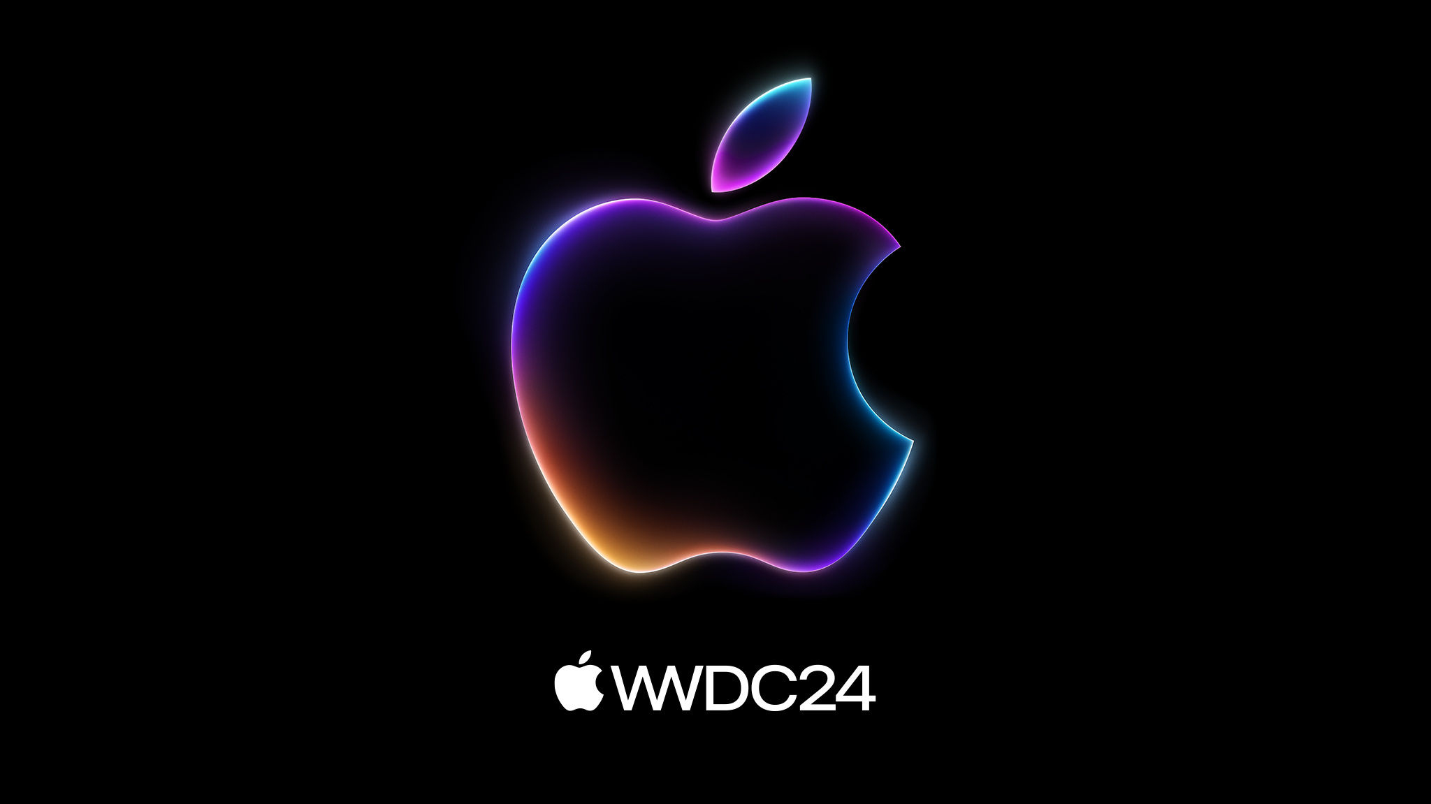 The phrase “WWDC24” is shown in a glowing gradient of red, purple, and blue on a black background.
