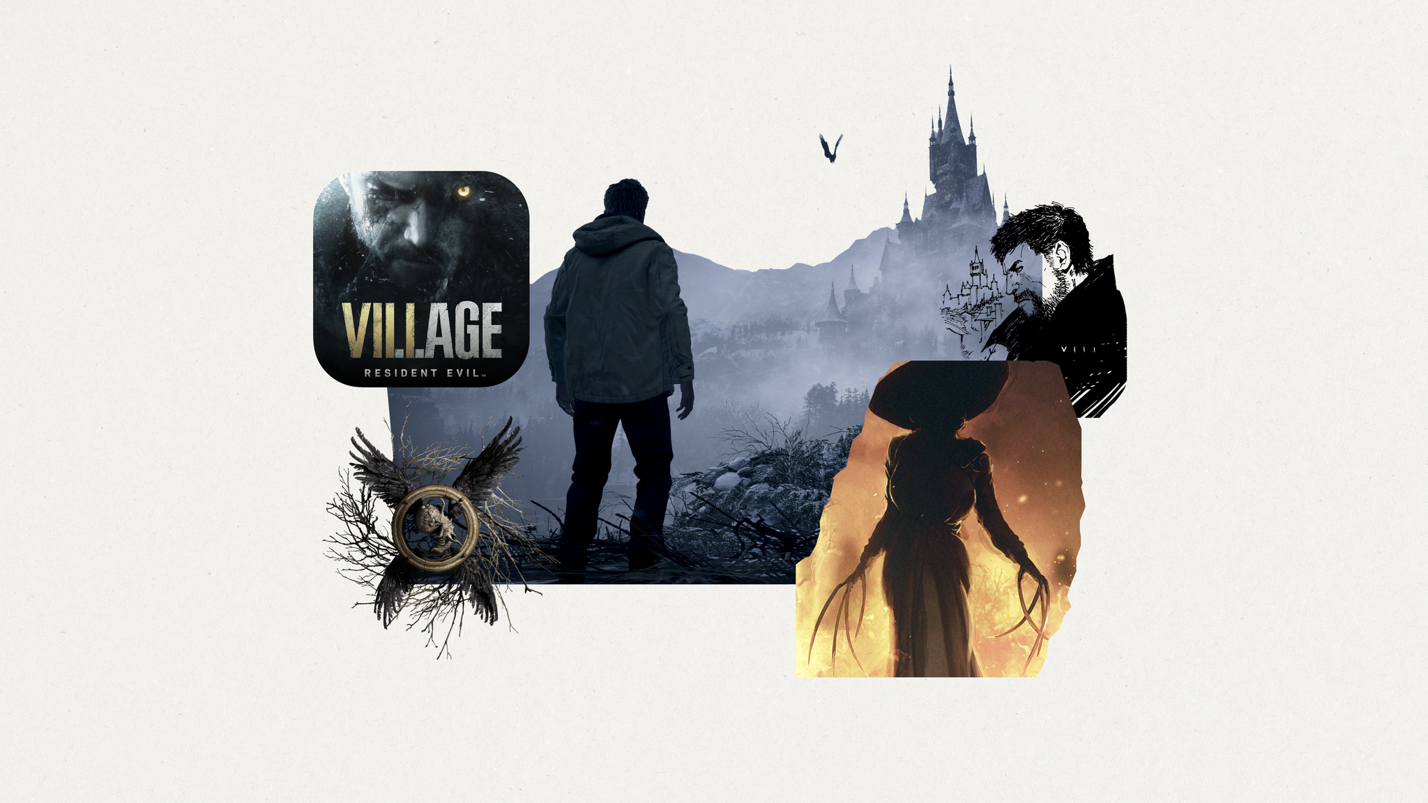 A collage of art elements from the Apple Design Award-winning game Resident Evil Village.