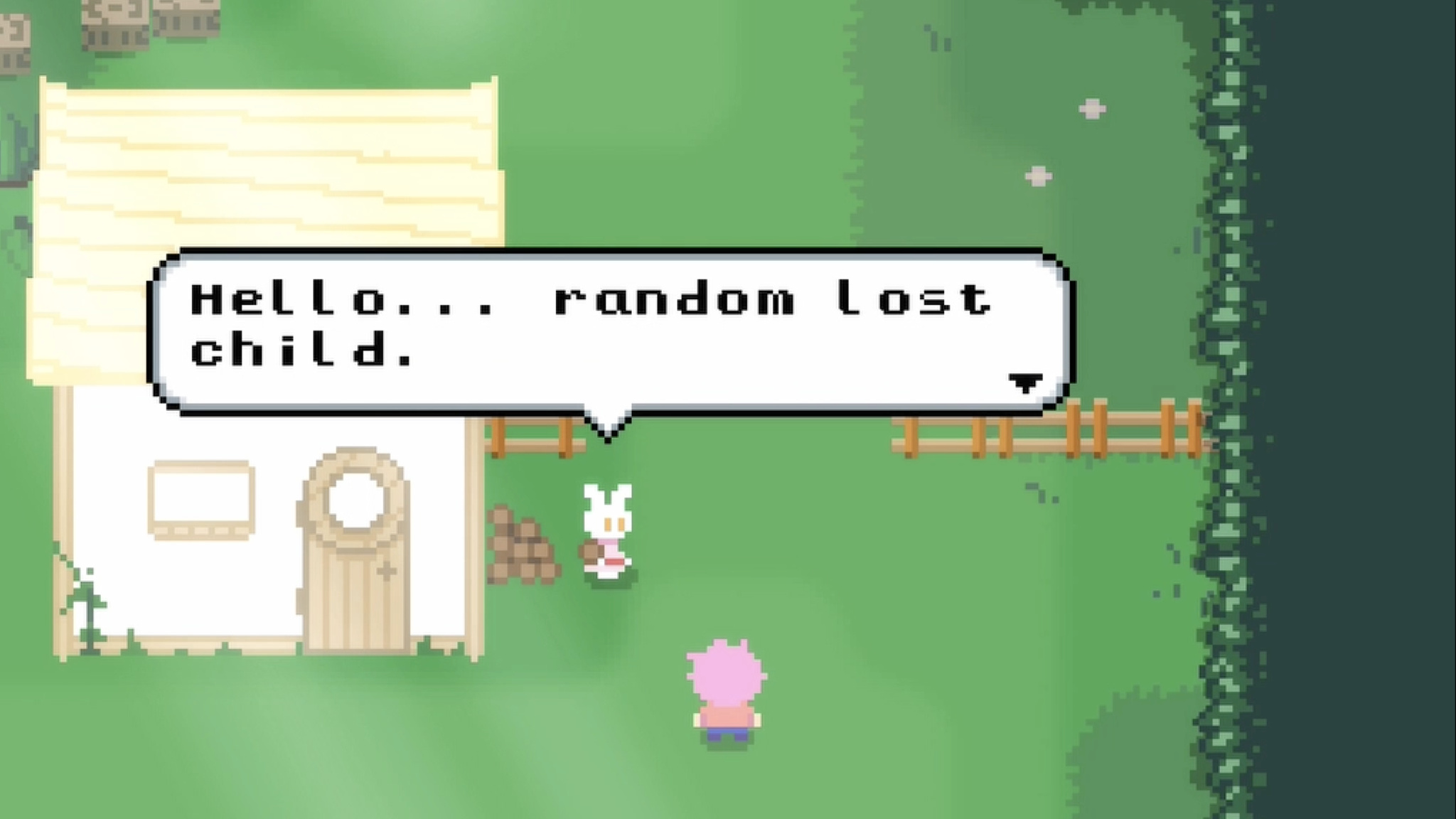 A screenshot of the game Afterplace, in which the main character interacts with a friendly rabbit who says, “Hello… random lost child.”