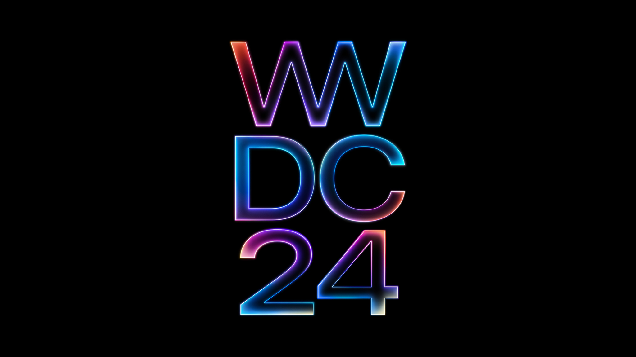 “WWDC24”一词以红色、紫色和蓝色的发光渐变显示在黑色背景上。