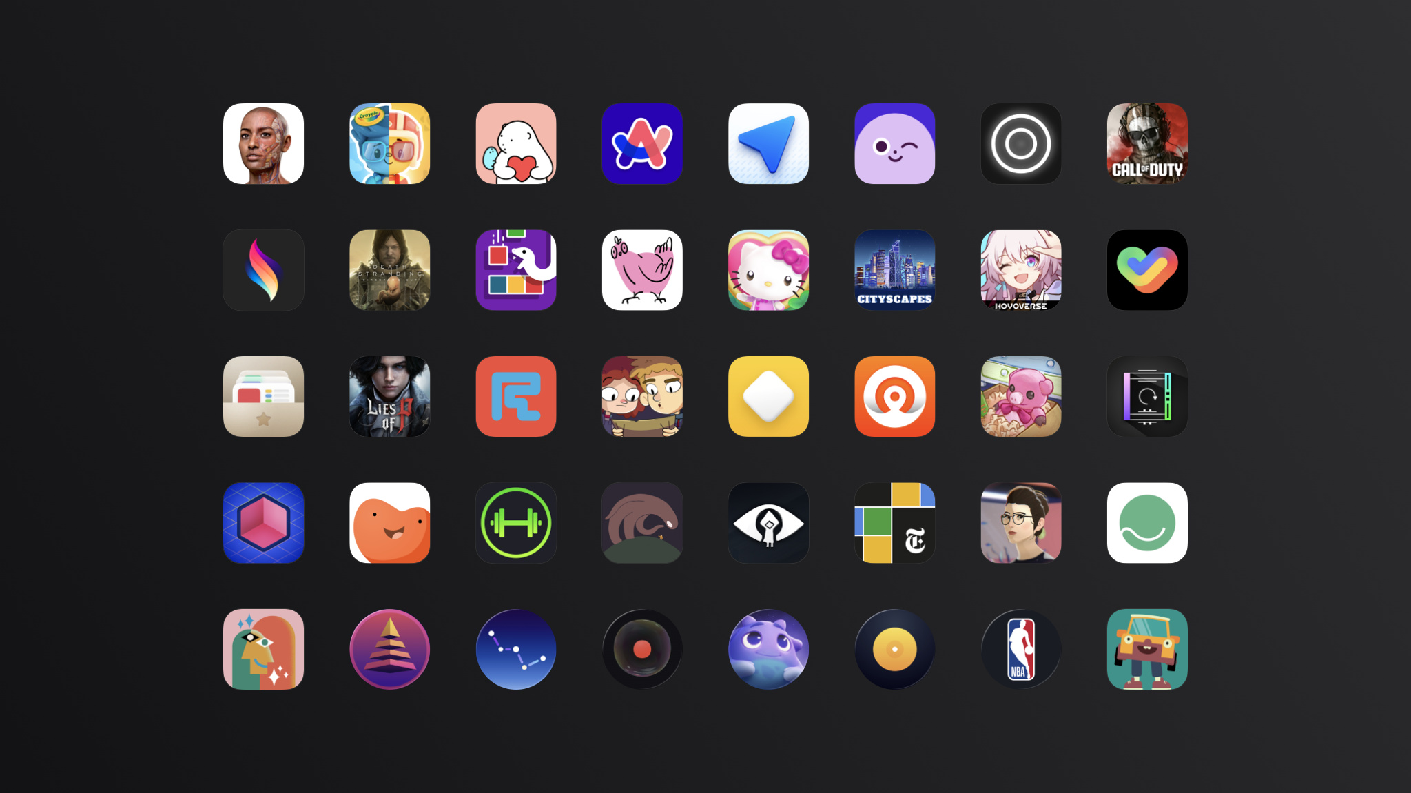 A collage of app icons from the 40 Apple Design Award finalists, set against a black background.
