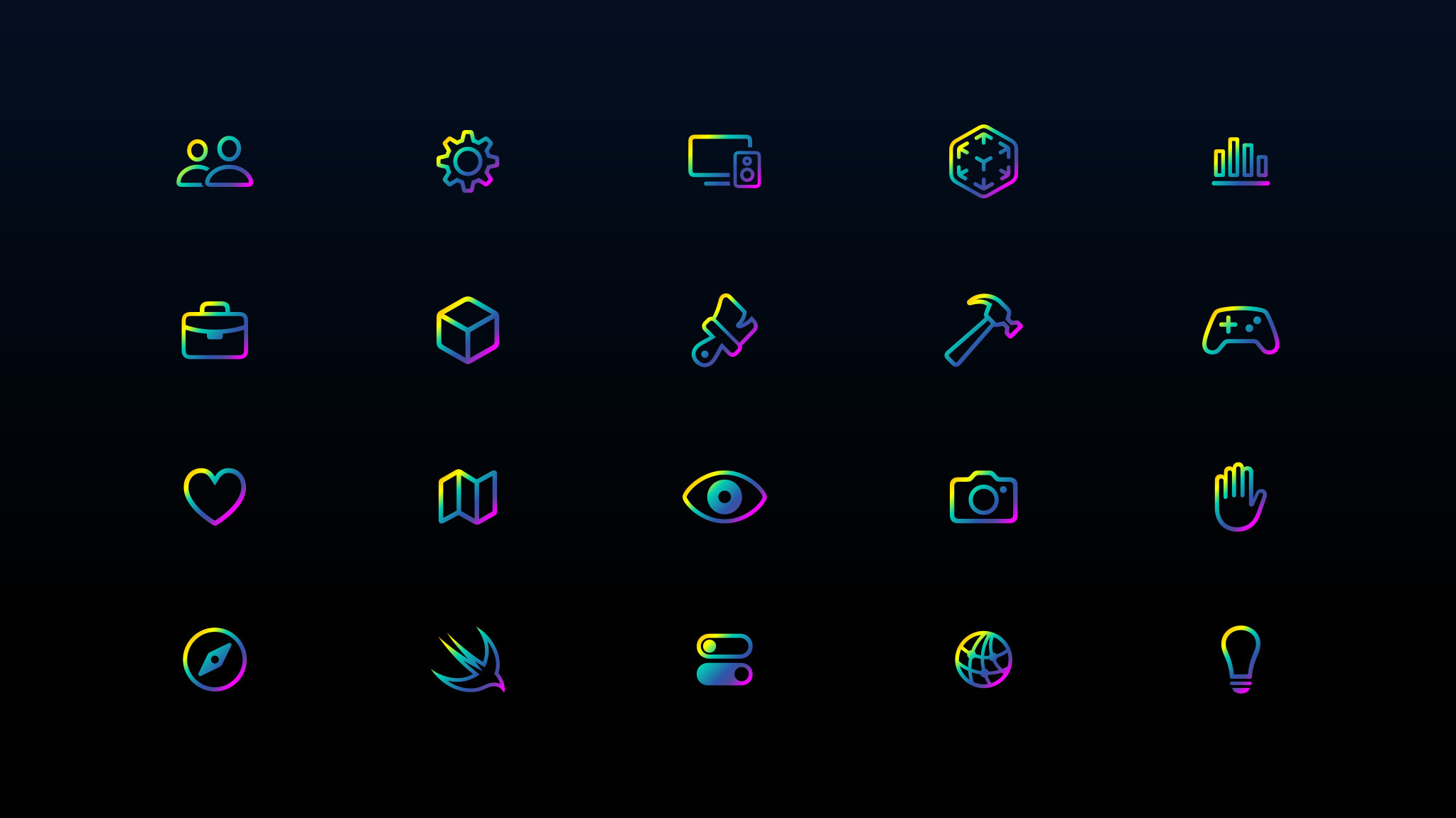 代表开发主题的彩虹色图标在黑色背景上排列成四行。