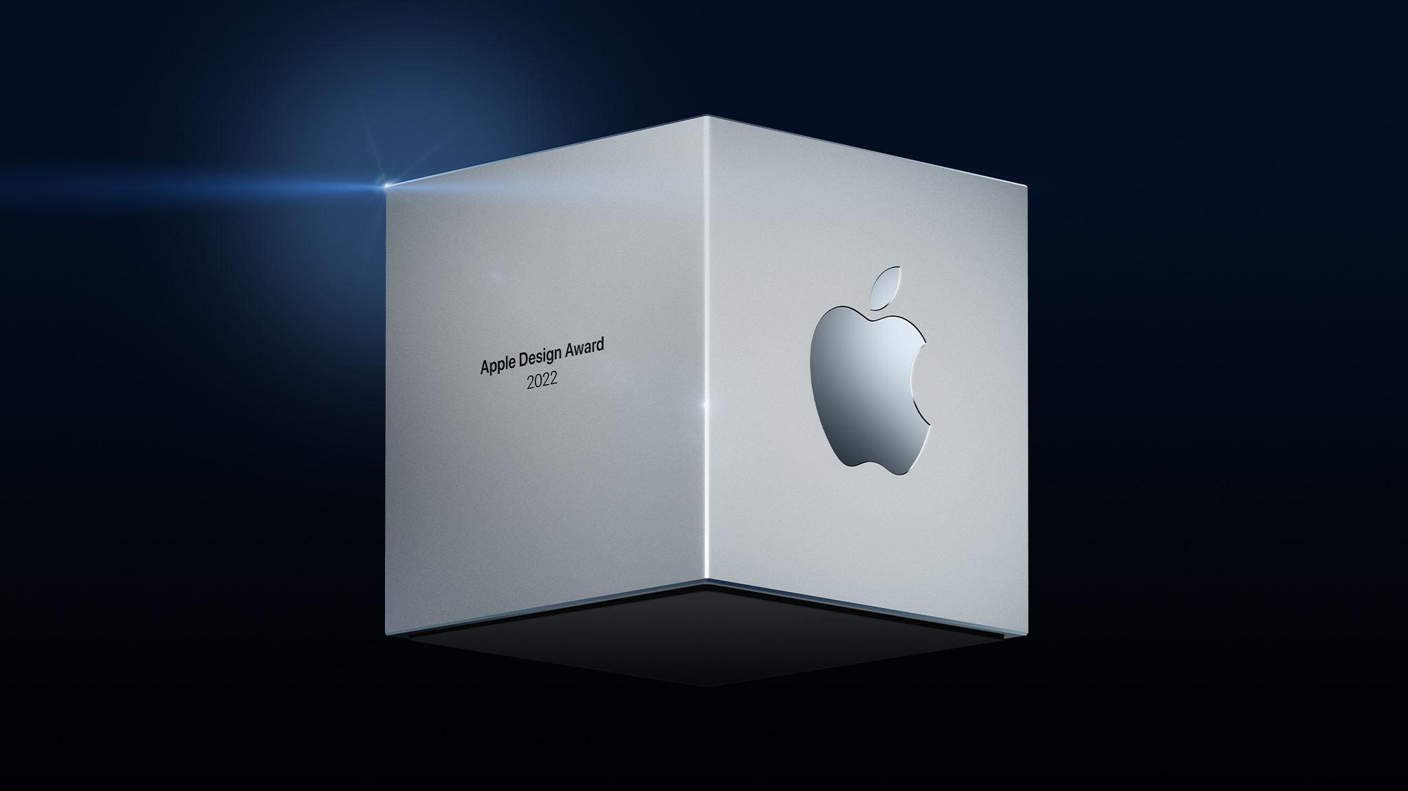 一个精美炫彩的雕刻金属立方体，为 Apple 设计大奖的参与者呈现。