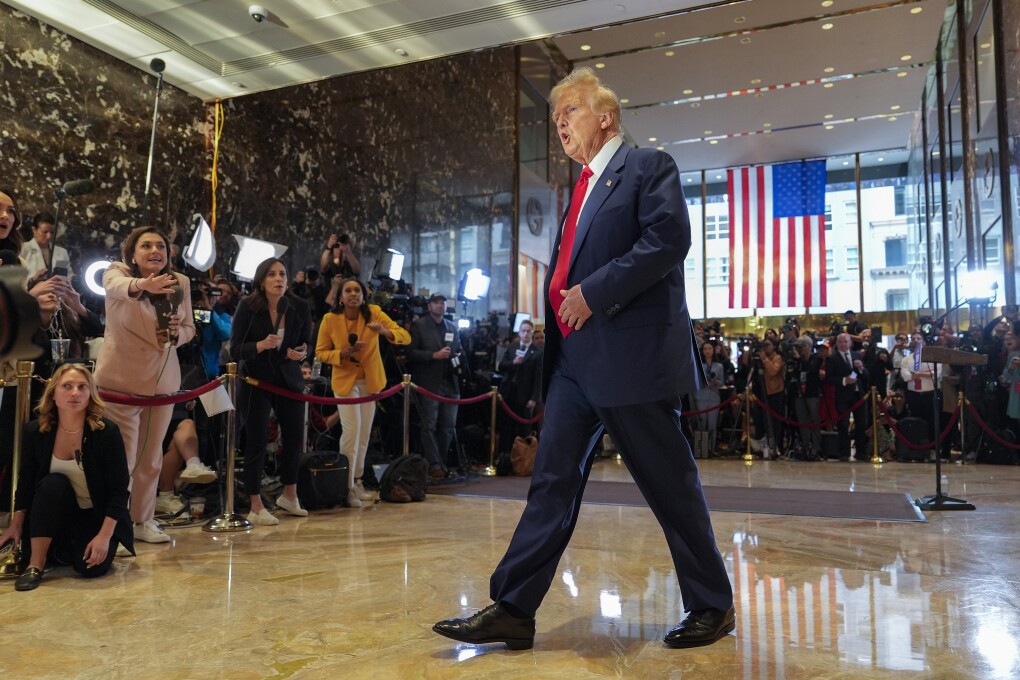 Former President Donald Trump departs after speaking at a news conference at Trump Tower, Friday, May 31, 2024, in New York. A day after a New York jury found Donald Trump guilty of 34 felony charges, the presumptive Republican presidential nominee addressed the conviction and likely attempt to cast his campaign in a new light. (AP Photo/Julia Nikhinson)