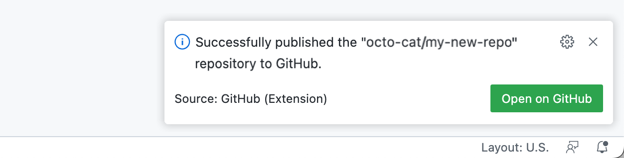 "GitHub에서 열기" 단추를 보여 주는 성공적으로 게시된 리포지토리에 대한 확인 메시지의 스크린샷