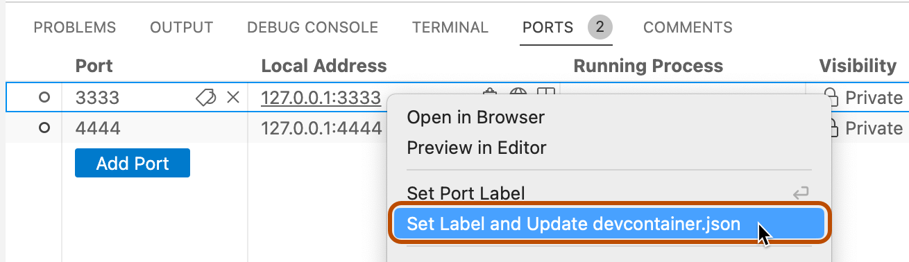 "레이블 설정 및 devcontainer.json 업데이트" 옵션이 주황색 윤곽선으로 강조 표시되어 전달된 포트에 대한 팝업 메뉴의 스크린샷.