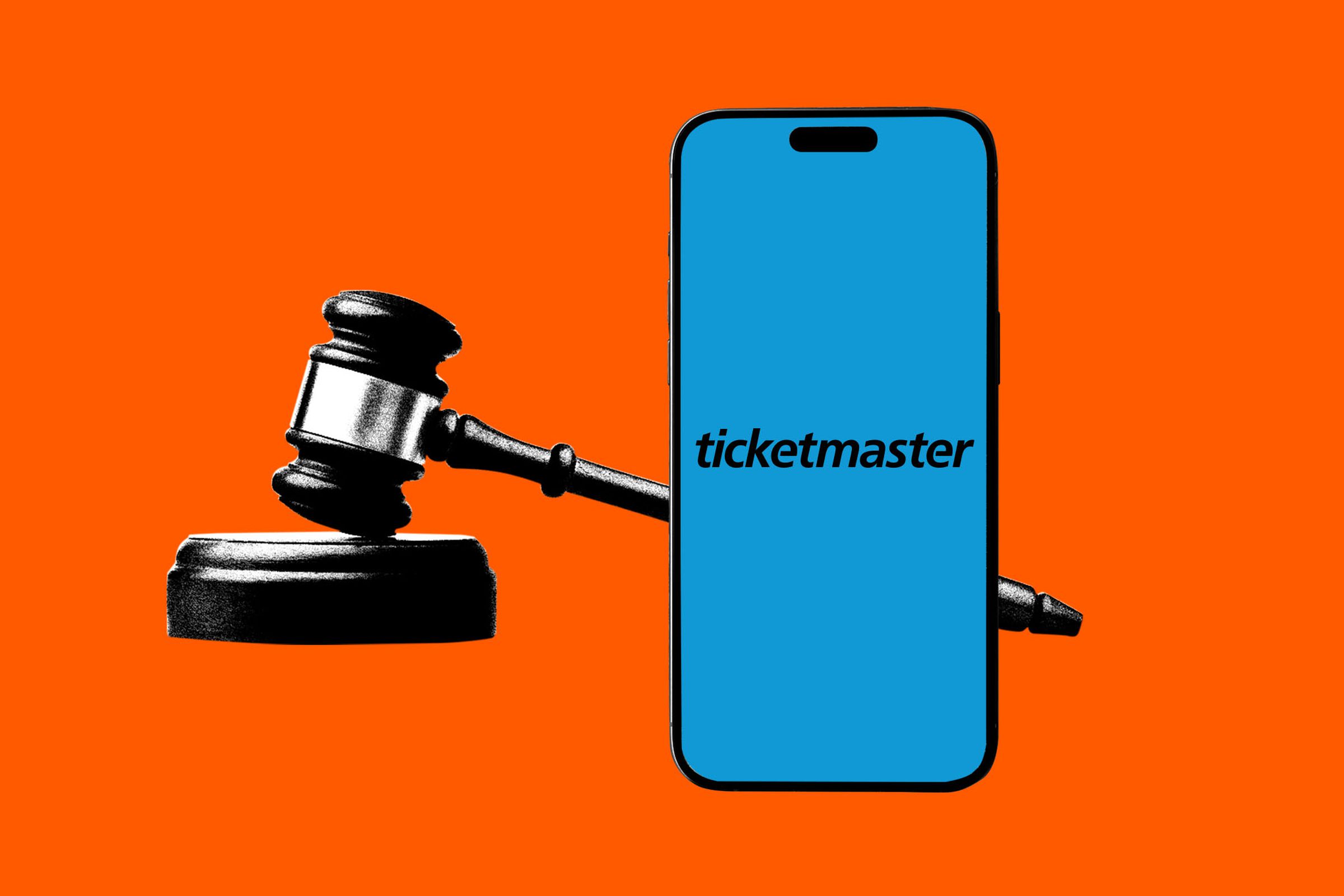 Photo illustration of a gavel next to a phone showing the Ticketmaster logo.