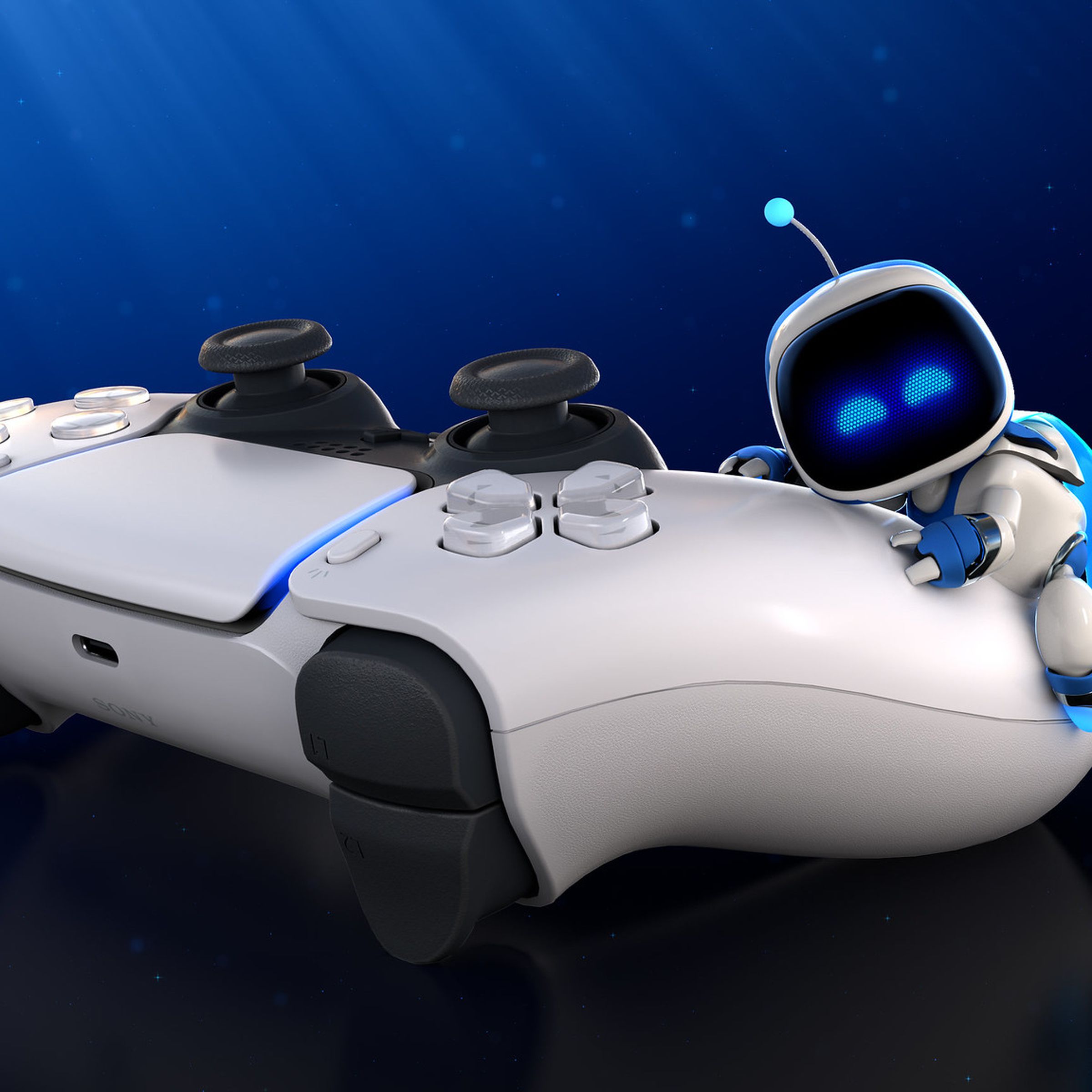 Promotional art featuring Astro Bot and a PS5 DualSense controller.