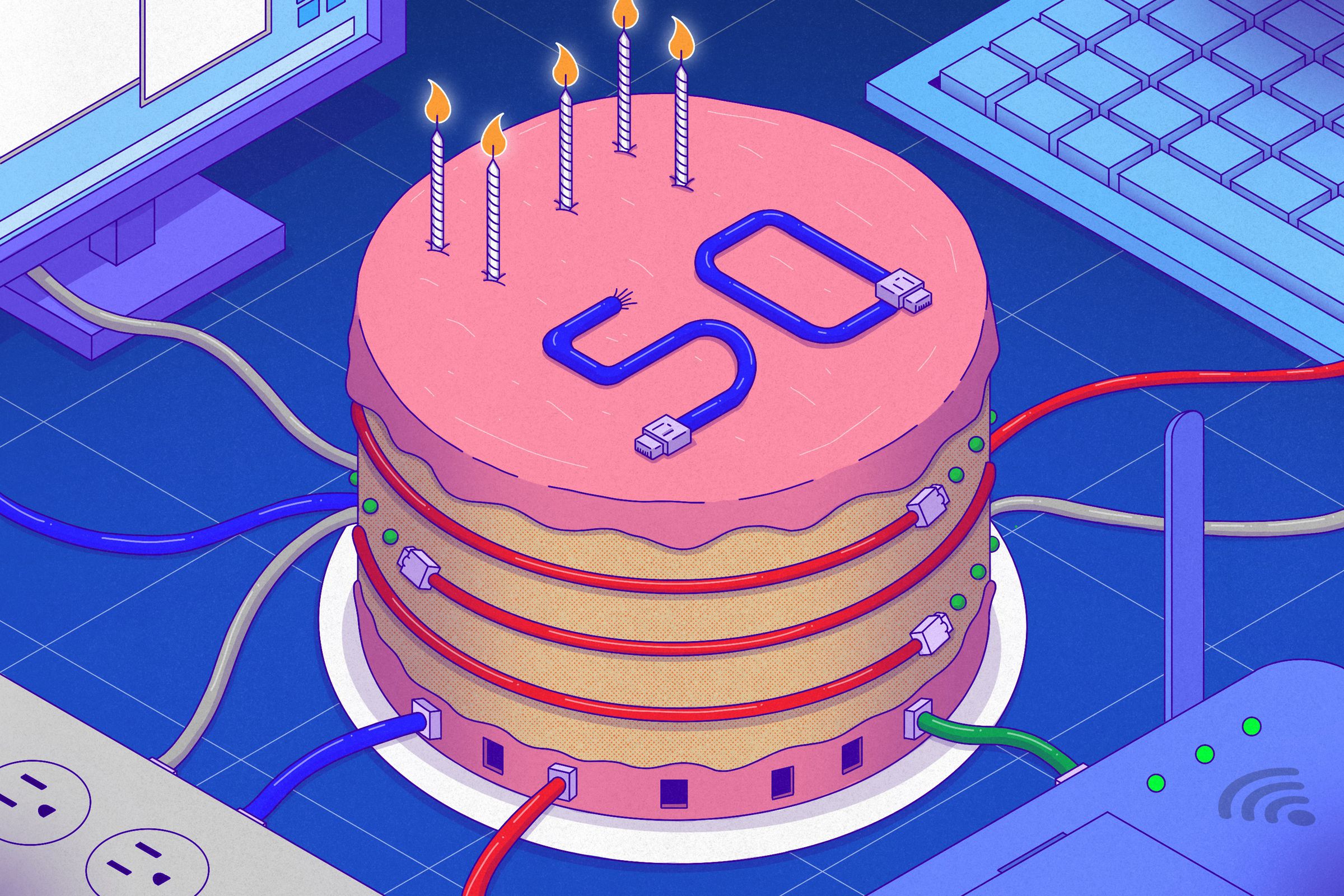 An illustrated birthday cake with the number 50 spelled out with ethernet cables, surrounded by a keyboard, Wi-Fi router, computer monitor, and other ethernet cables.