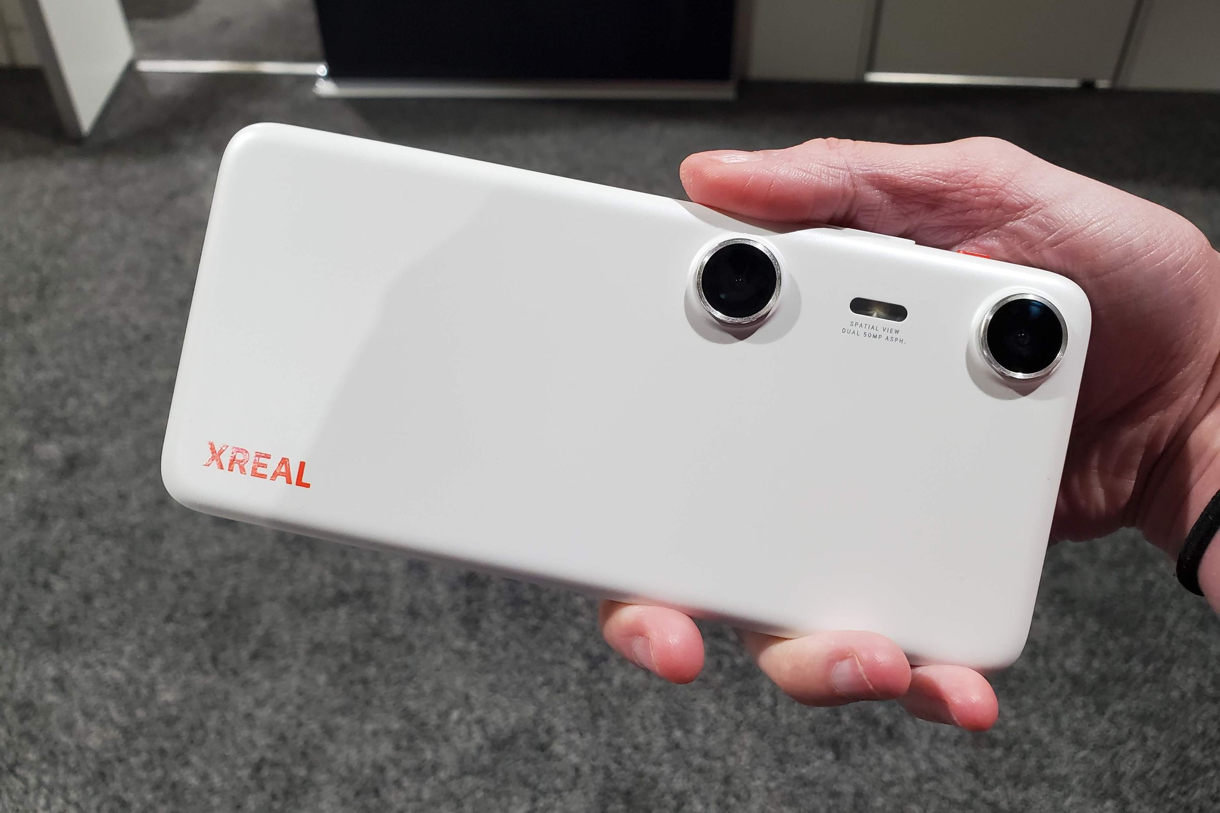 The back of the Xreal Beam Pro, a chunky white Android tablet.