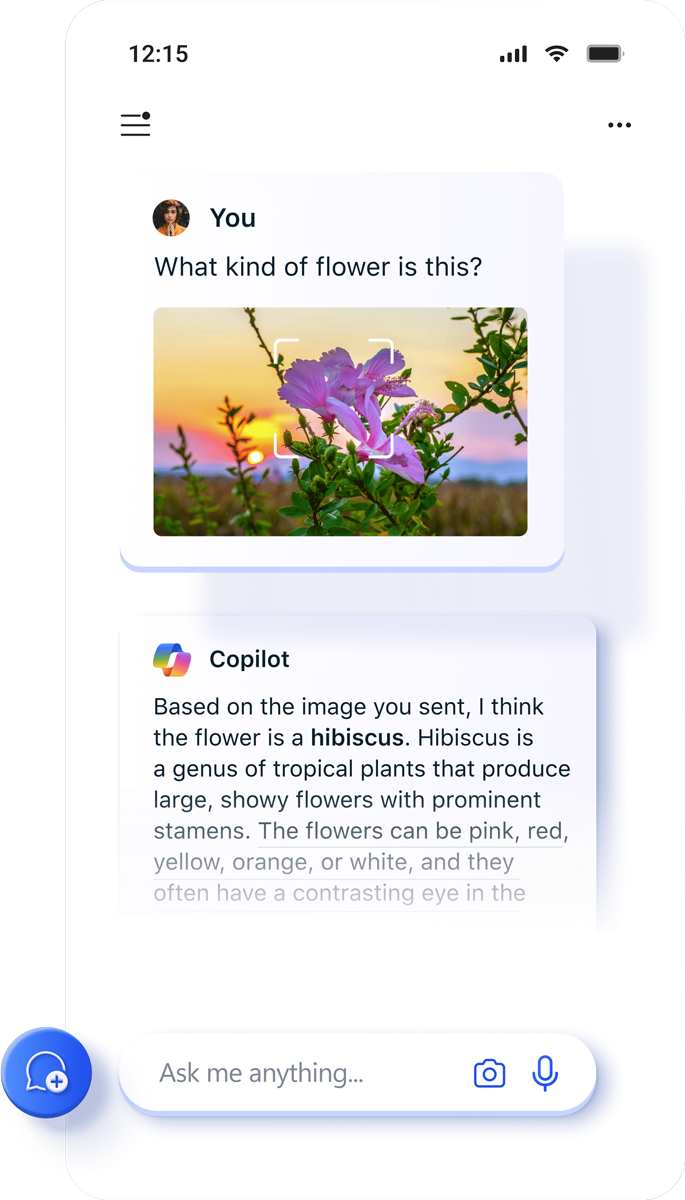 Application Copilot prévisualisant l’image d’une fleur en cours d’identification.