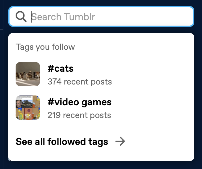 A screenshot of the curser within search bar. Below is a dropdown with the followed tags 'cats' and 'video games'