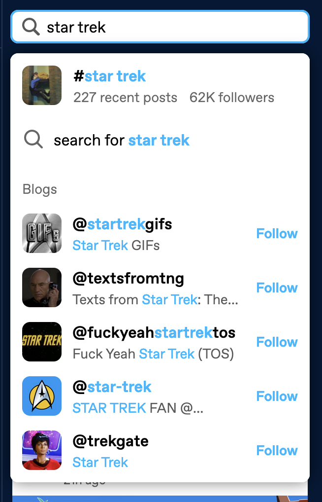 Screenshot of the search bar with 'star trek' written in it. Below is a dropwdown with tag and blog suggestions.