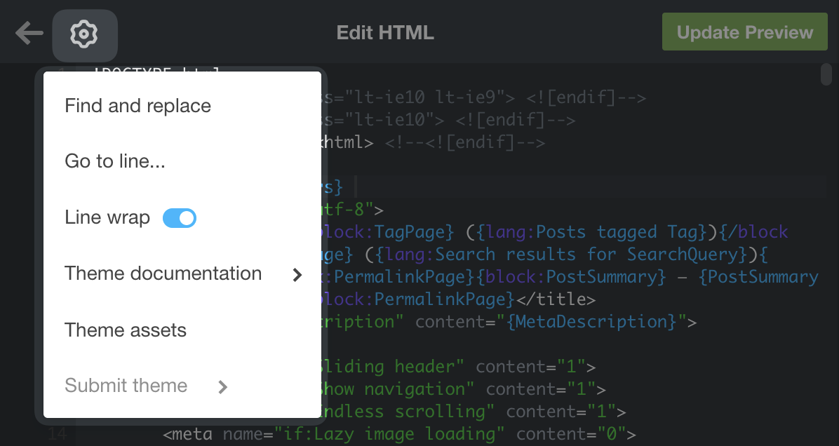 Capture d'écran des options proposées par l'éditeur de HTML personnalisé après avoir cliqué sur l'icône Engrenage