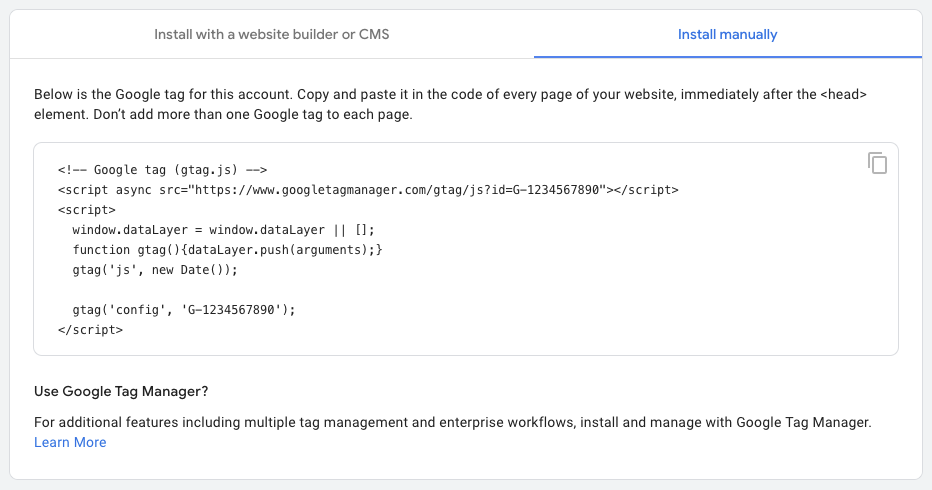 Screenshot of Google Analytics manual installation code.