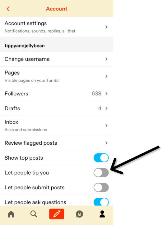 The account settings view in the iOS app. There's a black arrow pointing to a disabled toggle that is labeled: Let people tip you.