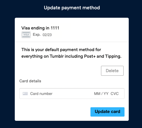 A screen showing existing credit card details, a button to delete that payment method, and a field to enter a new payment method.