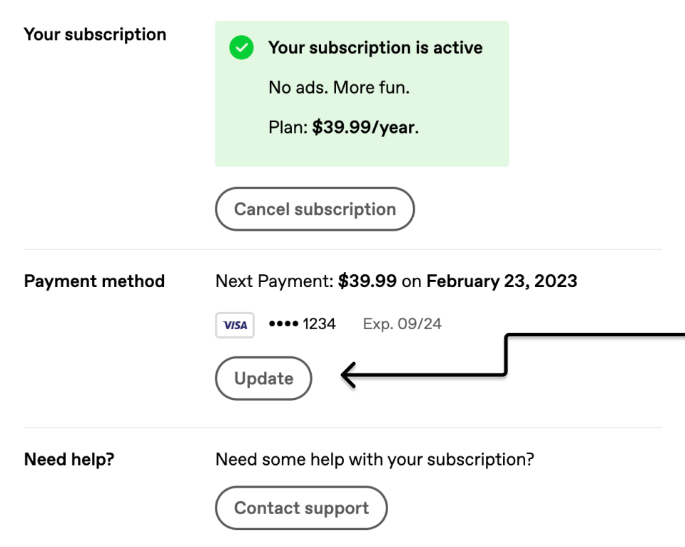 An arrow is pointing to an Update button that appears within the Payment method section of the Ad-Free settings.
