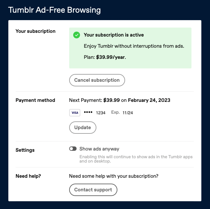 Ad-Free Browsing settings page.