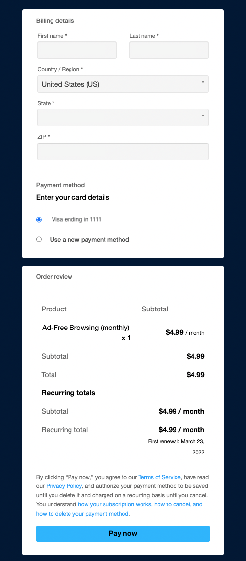 A billing details form and an order review box below.