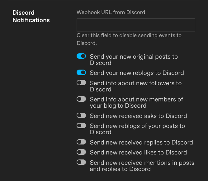 Screenshot of Discord Notifications blog settings.