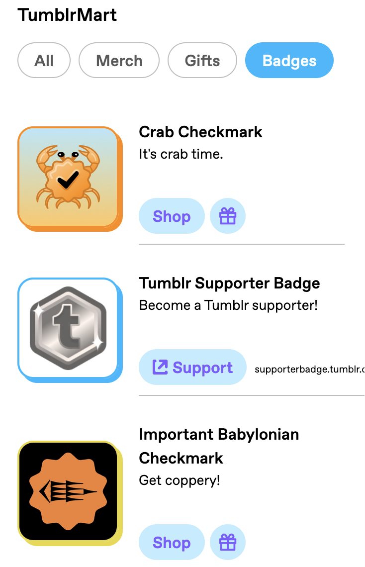 Screenshot of Tumblr's badge management interface showing the Tumblr Supporter Badge.