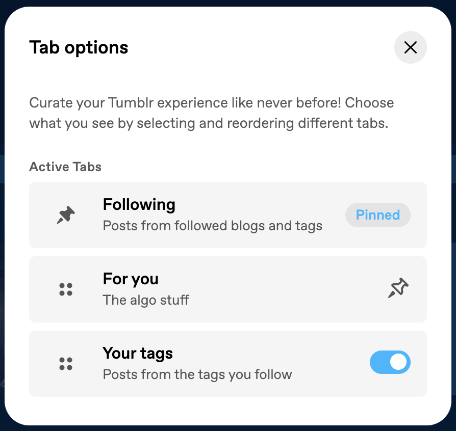 A screenshot of the Tab options settings, which allow you to enable, disable, and reorganize your Dashboard tabs.