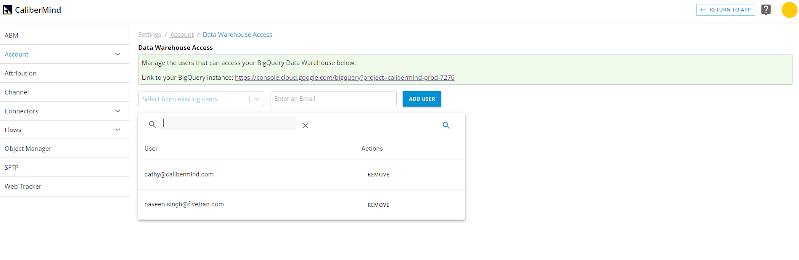 In CaliberMind, head to the Data Warehouse Access setting