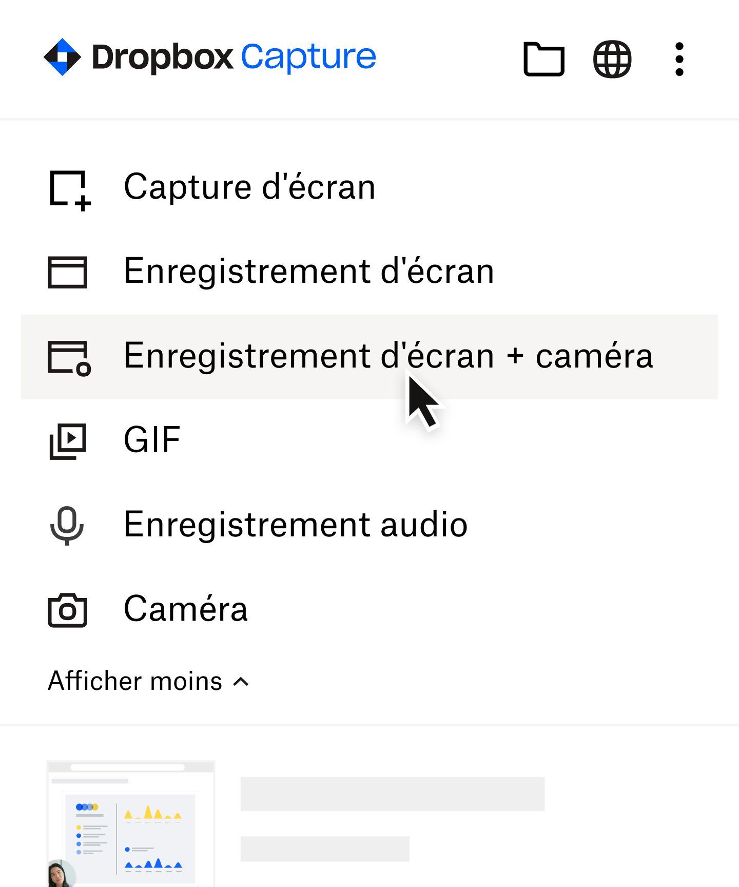 Utilisateur sélectionnant “Enregistrement d’écran + caméra” dans le menu Dropbox Capture
