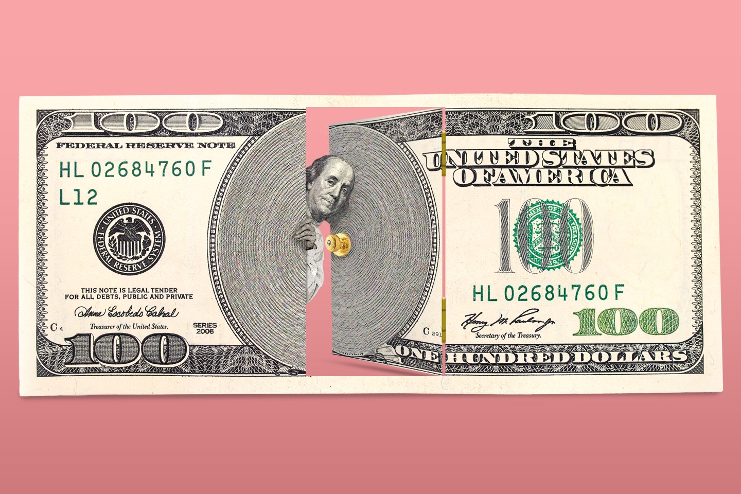 Photo illustration of a $100 bill with a door swinging backward at its center and Benjamin Franklin peeking around the door frame.
