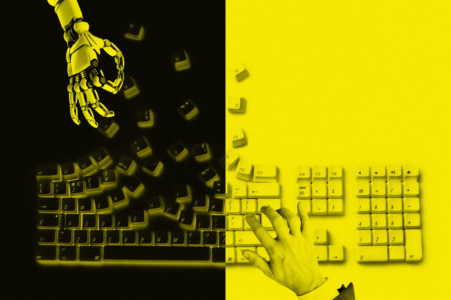 Photo illustration of an exploding keyboard with a robot hand on one side and a man's hand on the other.