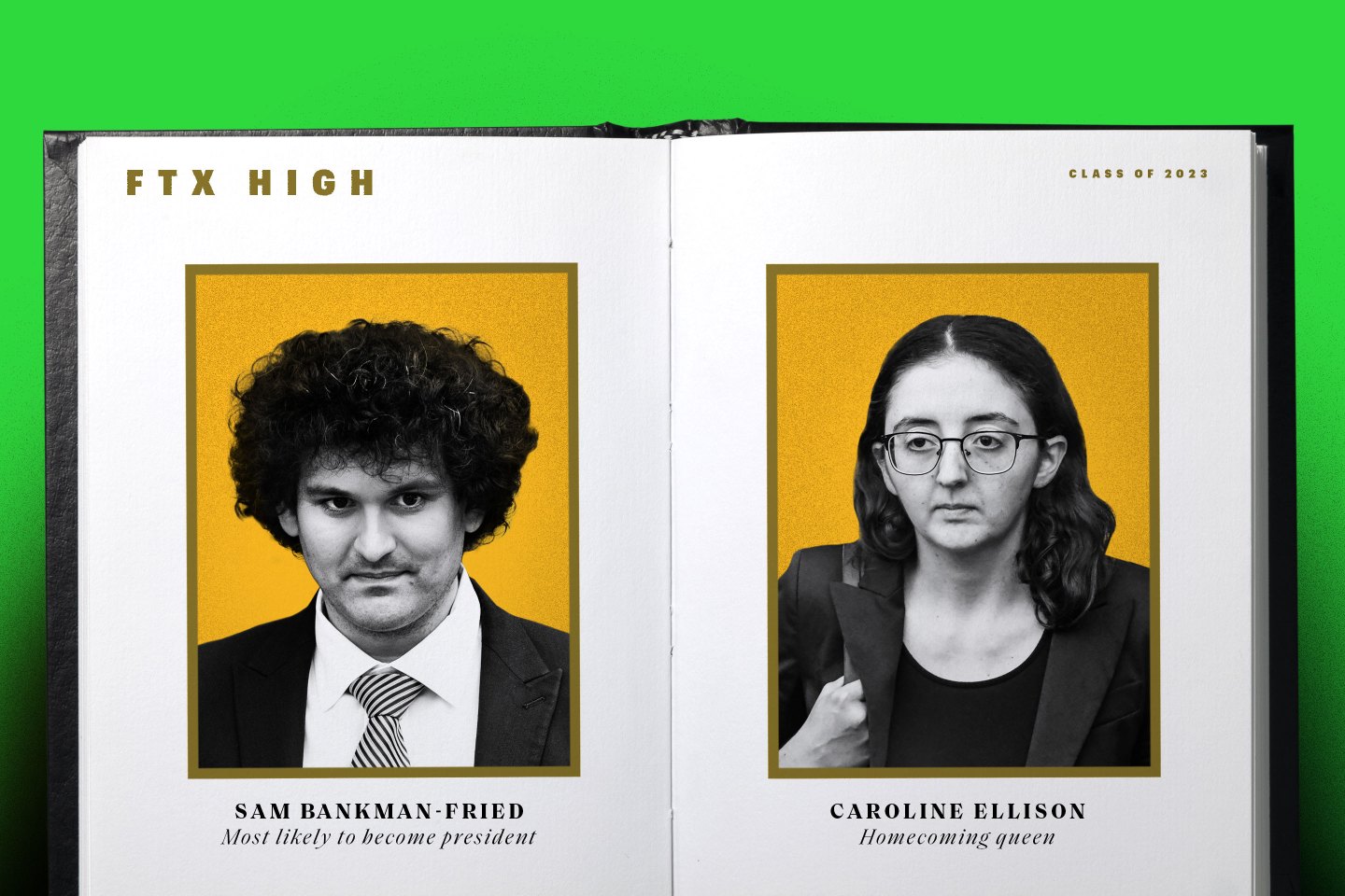 Artistic rendering of a page from a yearbook showing photos of Sam Bankman-Fried and Caroline Ellison