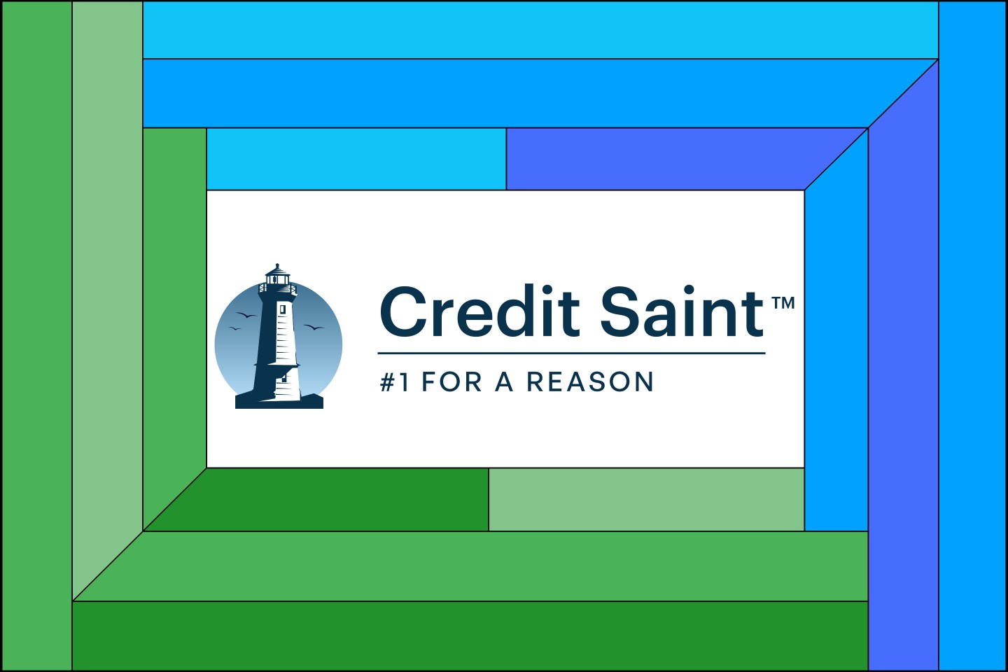Illustration of the Credit Saint logo inside a blue and green frame.