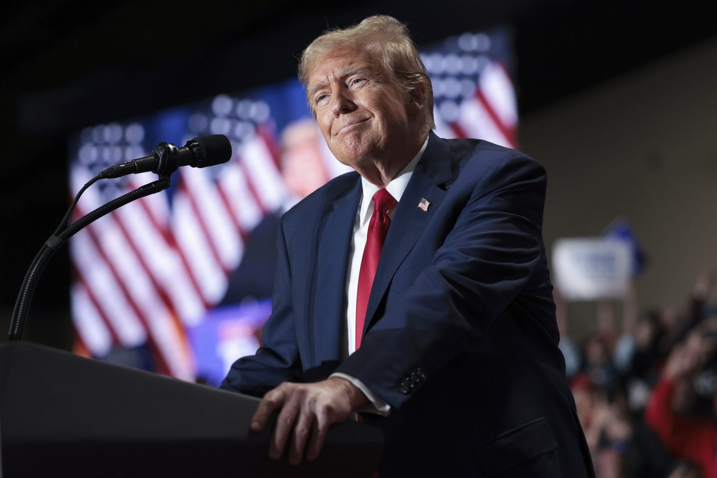 RICHMOND, VIRGINIA &#8211; MARCH 02: Republican presidential candidate and former President Donald Trump speaks during a Get Out the Vote Rally March 2, 2024 in Richmond, Virginia. Sixteen states, including Virginia, will vote during Super Tuesday on March 5. (Photo by Win McNamee/Getty Images)