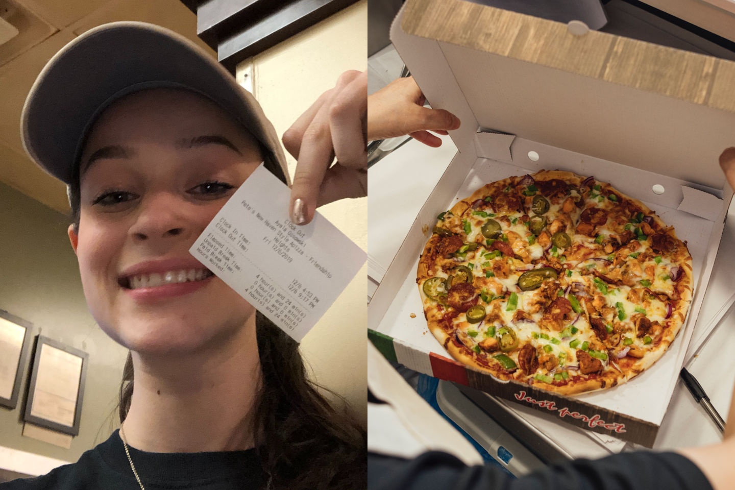 Photo of young woman with a photo of a pizza