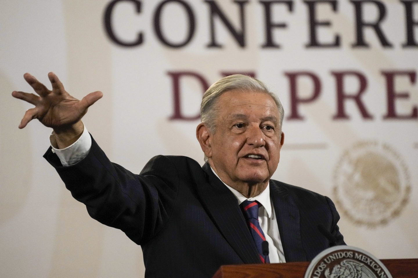 FILE &#8211; Mexican President Andres Manuel Lopez Obrador gives his regularly scheduled morning press conference at the National Palace in Mexico City, April 16, 2024. The American quarry company, Alabama-based Vulcan Materials, rejected on Monday, May 27, 2024 the Mexican president&#8217;s offer to buy its property on the Caribbean coast, amid a years-long dispute. (AP Photo/Marco Ugarte, File)