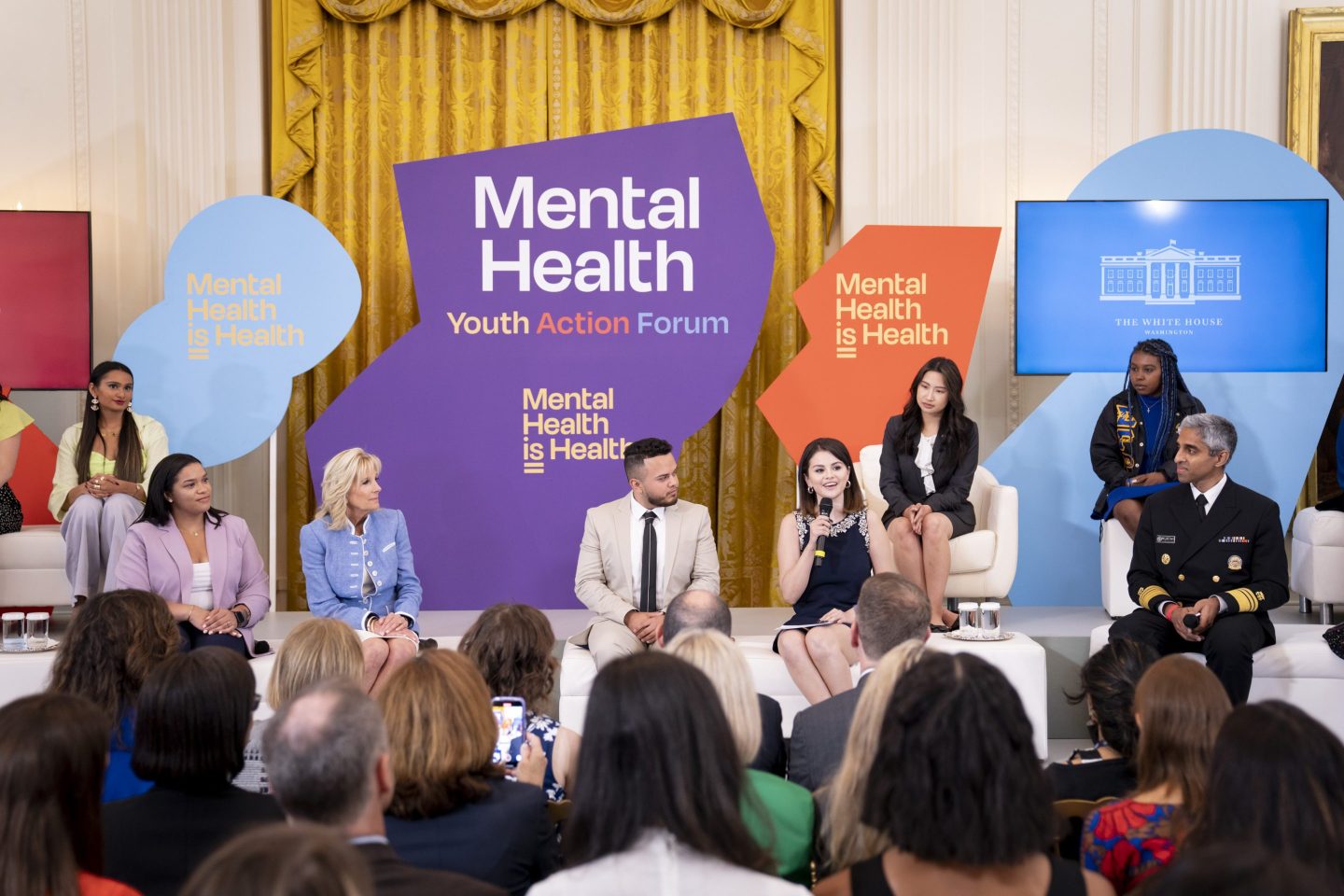 Panelists including First Lady Dr. Jill Biden and actress Selena Gomez discuss mental health at MTV’s 2022 mental health forum, where the idea for the Hidden Healers Fund originated.